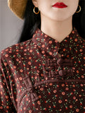 Women's Mini Floral Print Vintage Stand Collar Linen Shirt