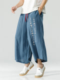 Men's Chinese Style Hanzi Embroidery Cotton Linen Wide Leg Pants