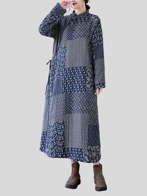 Women's Vintage Square Print Plush Liner Straight Long Dress