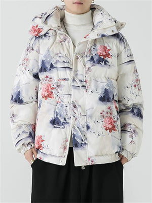 Vogue Detachable Hooded Floral Down Coat for Men