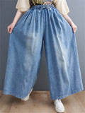 Female Trendy Washed Lace-up Wide-leg Blue Jeans