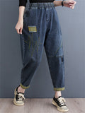 Women's Literary Elastic Waist Patchwork Jeans