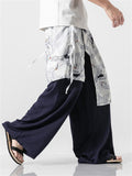 Men's Zen Ocean Wave Flying Crane Print Loose Hakama Pants