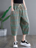 Women's Vacation Green Diamond Elastic Waist Denim Cropped Pants