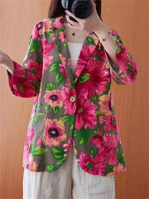 Women's Beautiful Rose Red Floral One Button Blazer