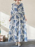 Spring Blue Floral Vacation Long Dress for Women