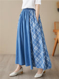 Women's Casual Plaid Patchwork Denim Pleated Skirt