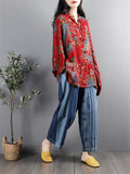 Women's Chinese Northeast Big Flower Print Knot Button Red Shirt