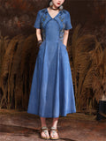 Women's Chic Hand-Embroidered V Neck Short Sleeve Denim Dress