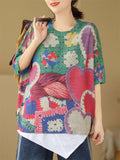 Peach Heart & Flower Print Round Neck Knitted T-shirts for Women