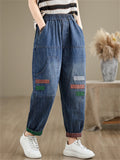 Contrast Color Patch Design Light Blue Harem Jeans for Women