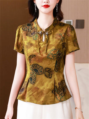 Women's Slim Fit Short Sleeve Imitation Mulberry Silk Shirt