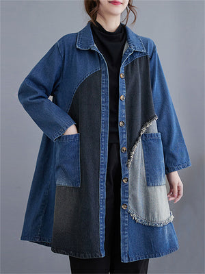 Women's Stylish Patchwork Lapel Single-Breasted Blue Denim Jacket