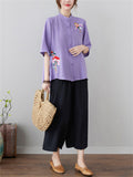 Women's Flowers Embroidered Stand-up Collar Half Sleeve Shirt