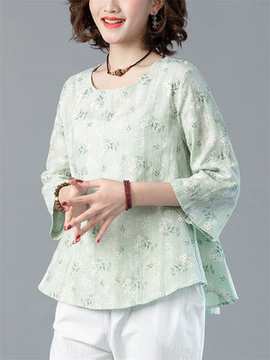 Women's Mini Flower Print 3/4 Sleeve Oversized Shirt