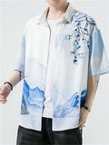 Chinese Landscape Ink Painting Vintage Shirt for Men