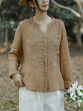 V-Neck Button Up Long Sleeve Embroidery Linen Shirt for Women