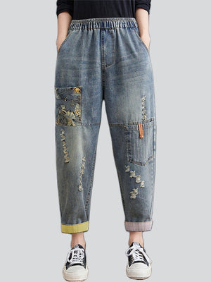 Women's Frayed Patch Printed Elastic Waist Multi-pocket Jeans