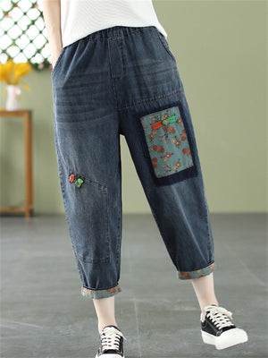 Female Cute Patchwork Denim Blue Harem Pants