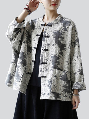Women's Ethnic Style Black Grey Knot Button Linen Print Jacket
