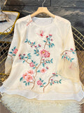 Female Spring Summer Butterfly Flower Embroidery White Mesh Shirt