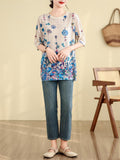 Female Blue Floral Print Crew Neck Short Sleeve Knit Shirt