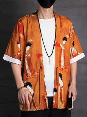 Men's Tang Dynasty Vintage Print Orange Lace Up Shirt
