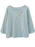 Female Ethnic Style Ginkgo Leaf Embroideried 3/4 Sleeve Shirt