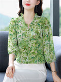 Elegant Ruffled Collar 3/4 Sleeve Floral Pattern Shirt for Women