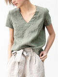 Simple Plain Deep V Neck Relaxed Linen Shirt for Women