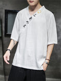 Men's Retro Linen V Neck Hanzi Embroideried Summer Shirt