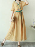 Women's V-Neck Ethnic Style Cotton Linen Side Pocket Dress