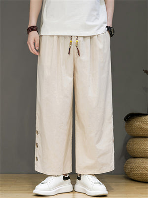 Men's Casual Cotton Linen Drawstring Summer Straight-Leg Pants