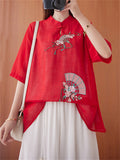 Chinese Style Peach Blossom Fan Embroidery Female Half Sleeve Shirt