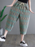 Women's Vacation Green Diamond Elastic Waist Denim Cropped Pants