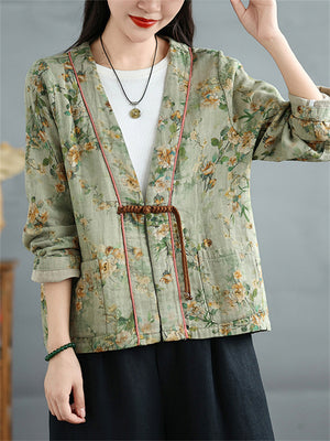 Women's Tasseled Knot Button Printed Relaxed Jackets