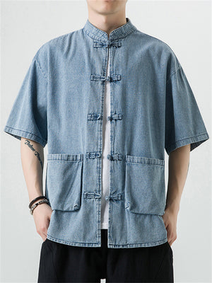 Chinese Style Button Up Patch Pocket Denim Shirt for Men