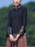 Vintage Peony Embroidery Black Slim Fit Shirt for Women