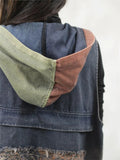 Women's Retro Patchwork Sleeveless Hooded Denim Jacket