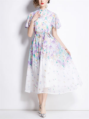 Sweet Stand Collar Flutter Sleeve Print Chiffon Dress for Lady