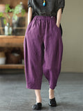 Cotton Linen Elastic Waist Solid Patchwork Women's Pants