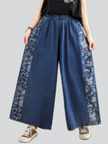 Women's Plants Flower Print Patchwork Wide Leg Jeans