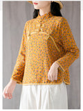 Women's Mini Floral Print Vintage Stand Collar Linen Shirt