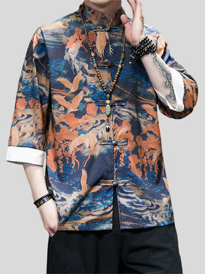 Men's Tang Suit Crane Print Half Sleeve Shirt