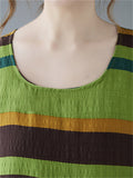 Contrast Color Striped Cotton Linen Scoop Neck T-shirt for Women