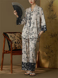 Retro Swallow Flower Print Tassel Button Women's Pajama Sets