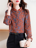 Women's Ruffled Collar Print Decorative Button Faux Silk Shirt