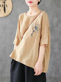 Chest Pocket Flower Embroidery Half Sleeve Loose Shirt for Women