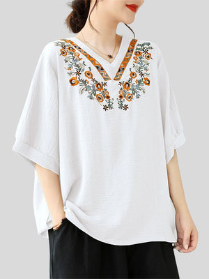 Women's Relaxed Elegant Floral Embroidered V-neck Shirts