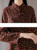 Women's Mini Floral Print Vintage Stand Collar Linen Shirt